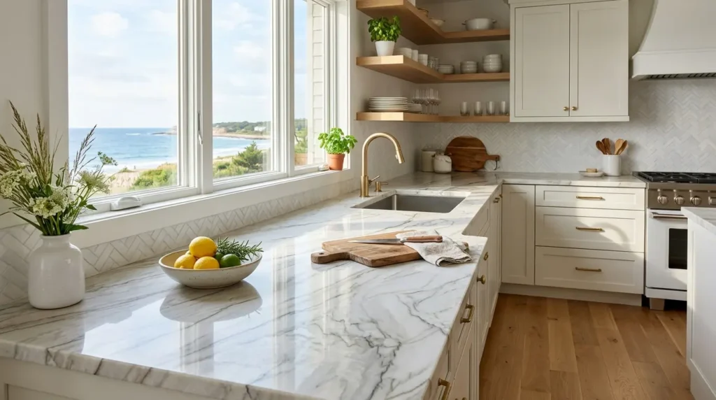 Quartzite countertop in kitchen