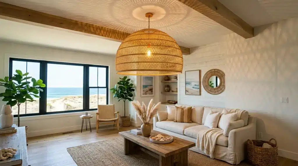 Rattan pendant light in living