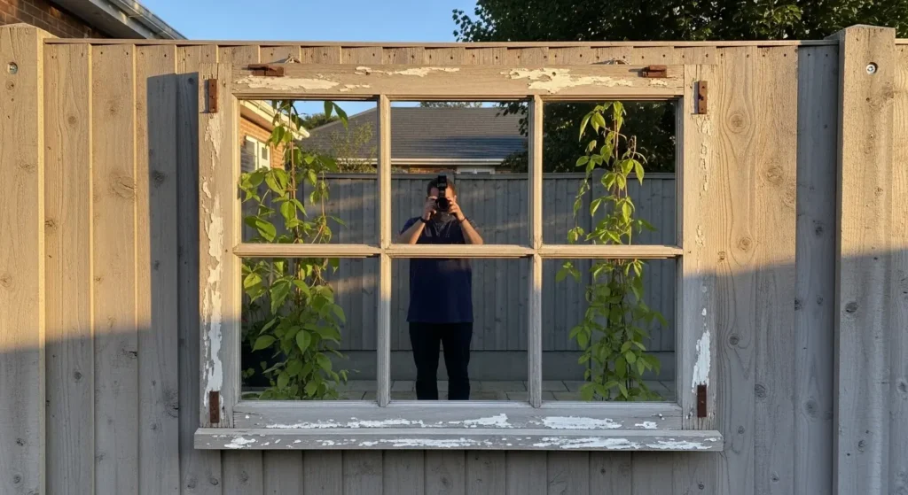 Recycled window frame fence art