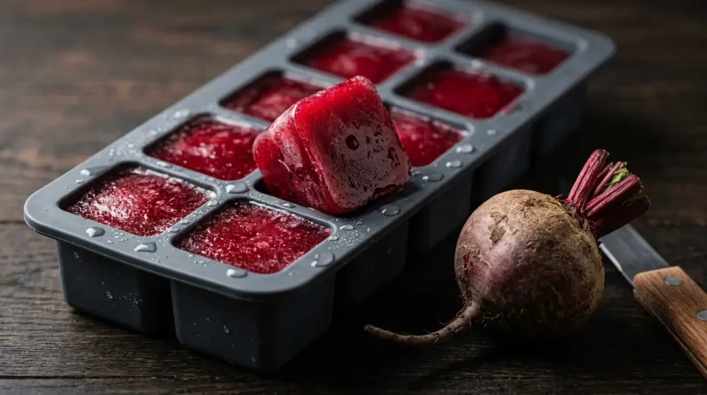 Red frozen beetroot ice cubes