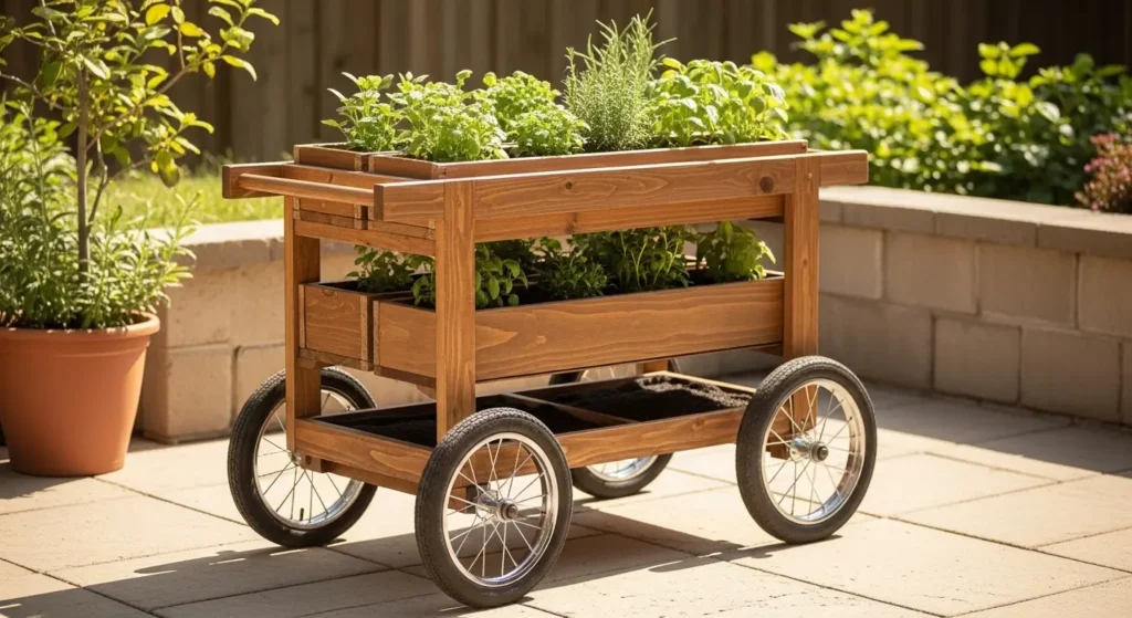 Rolling herb cart garden feature