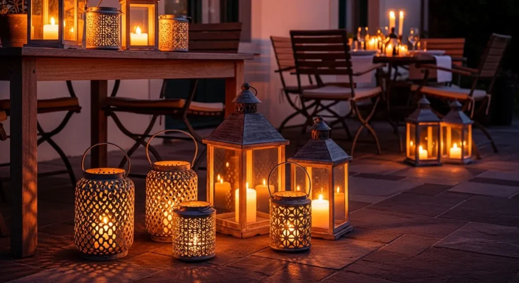 Rustic candle lanterns on patio