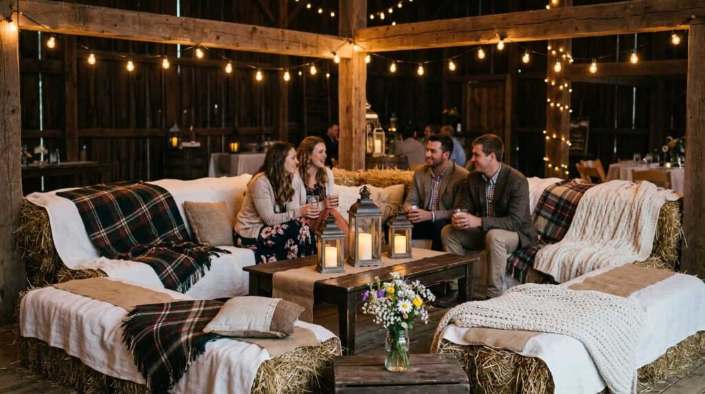 Rustic wedding hay bale lounge