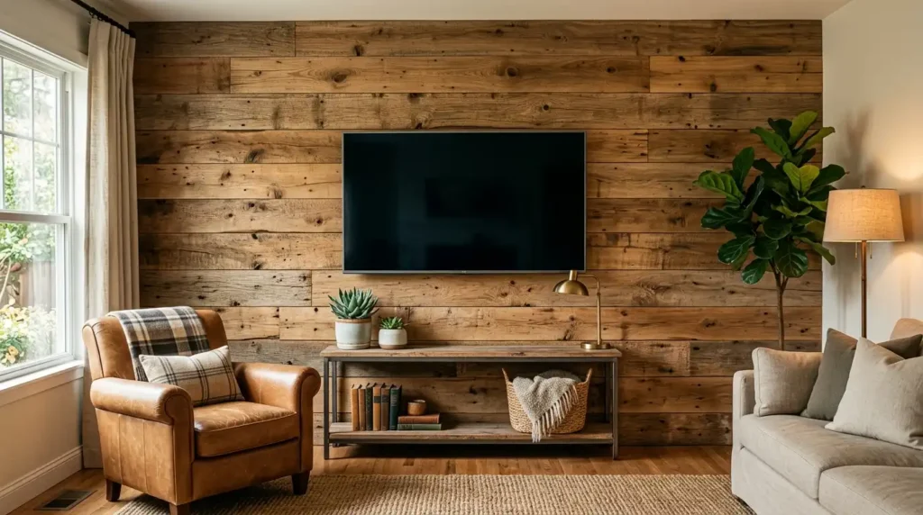 Rustic wood TV wall