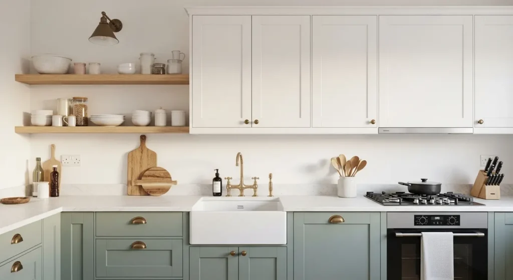 Sage green white coastal kitchen