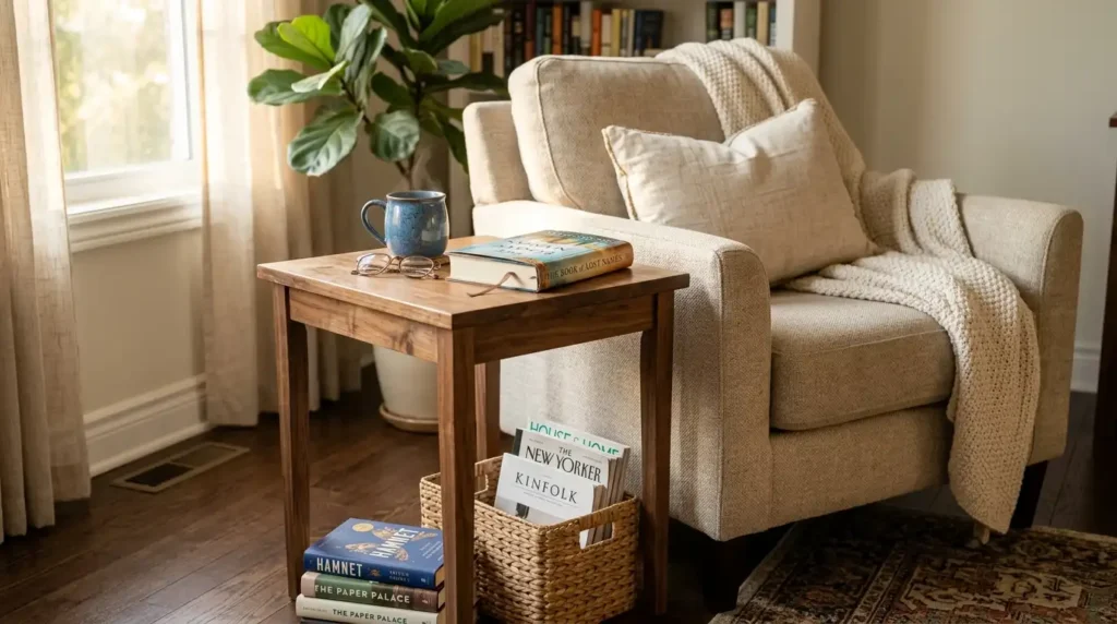 Side table beside armchair