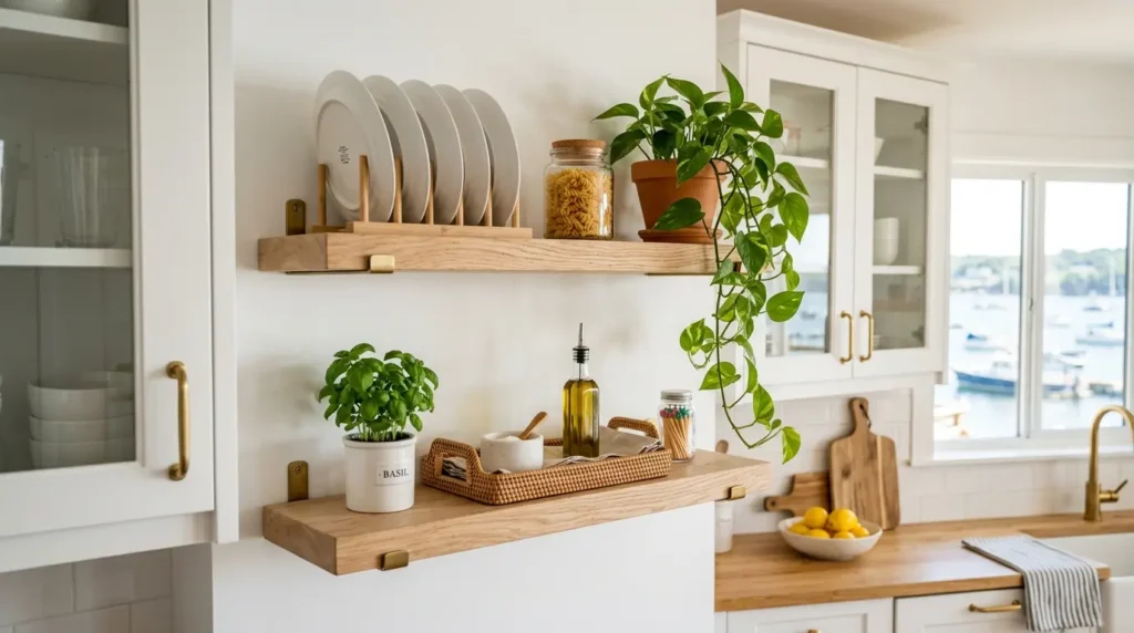 Small kitchen open shelving