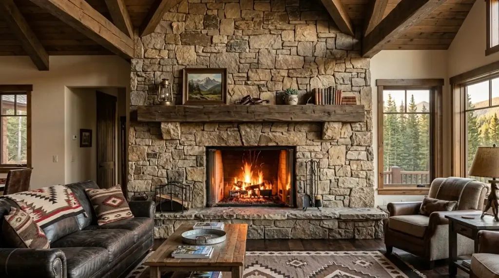 Stone fireplace in living room