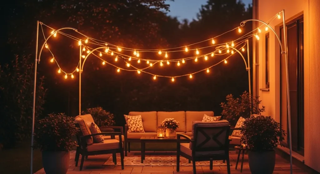String lights over patio seating