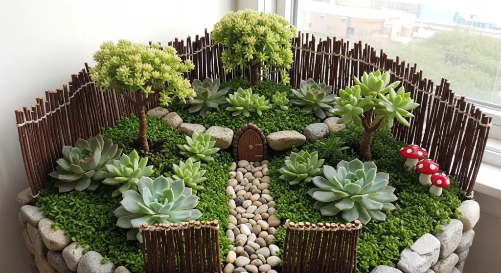 Succulent fairy garden scene