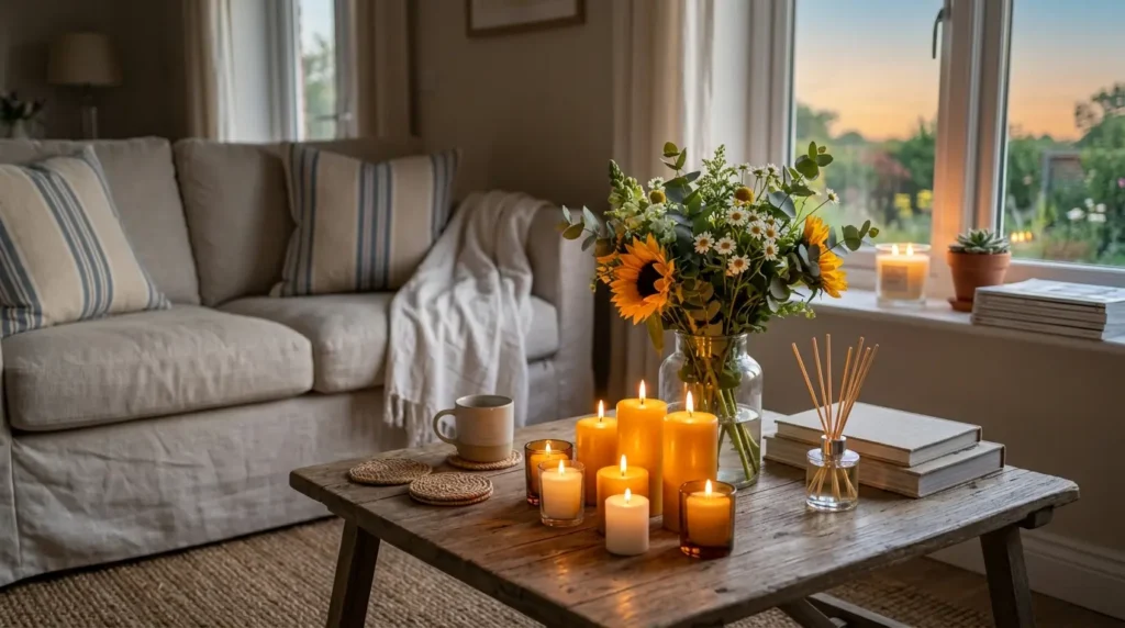 Summer decor candles fresh flowers