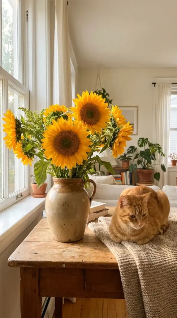 Sunflowers bouquet with cat