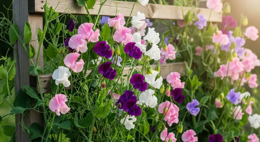Sweet peas climbing rustic trellis