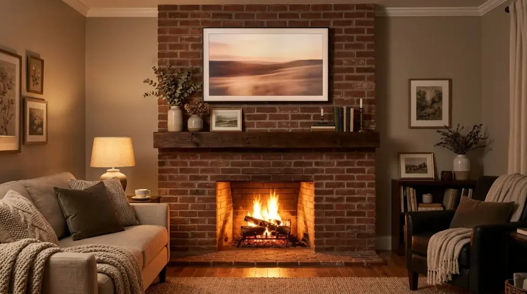 TV above fireplace mantel