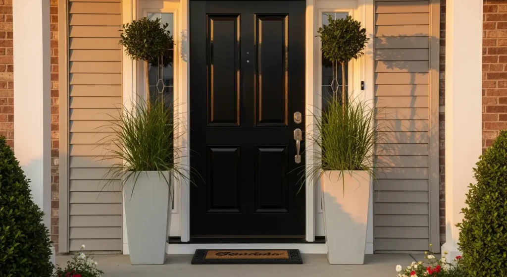 Tall pots flanking front door