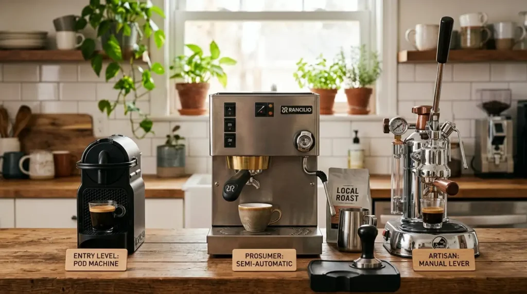 Three espresso machines shown