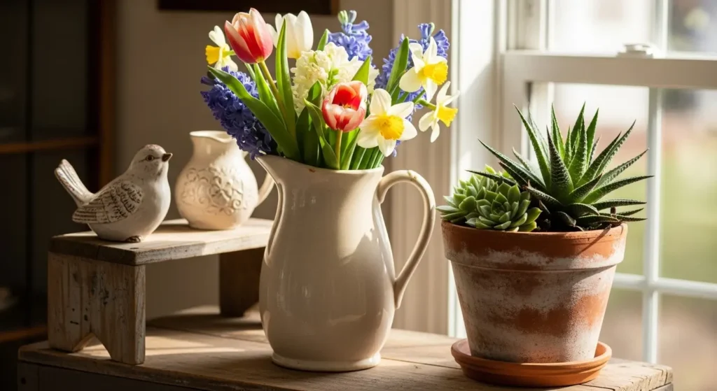 Thrifted spring home decor display
