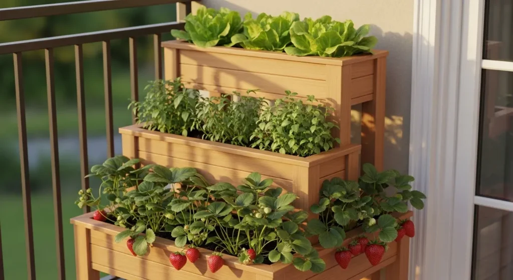 Tiered planter box with crops
