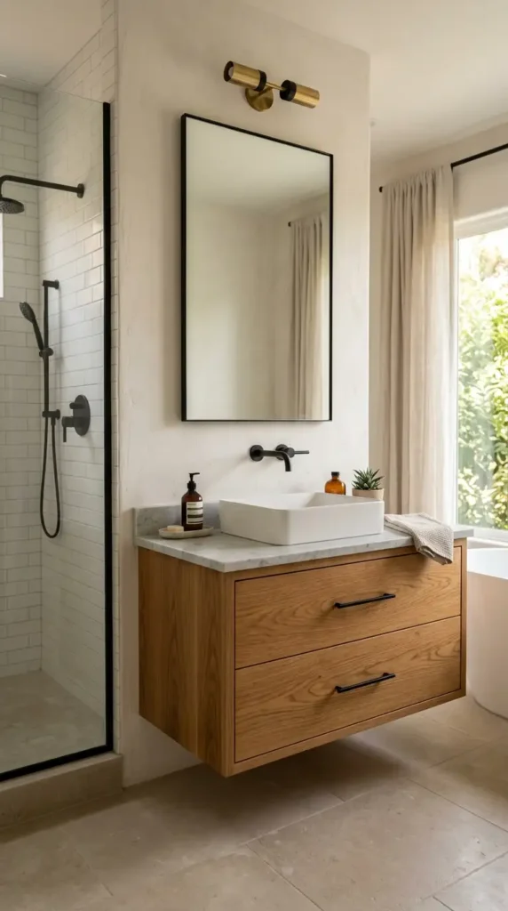 Timber vanity in neutral bathroom