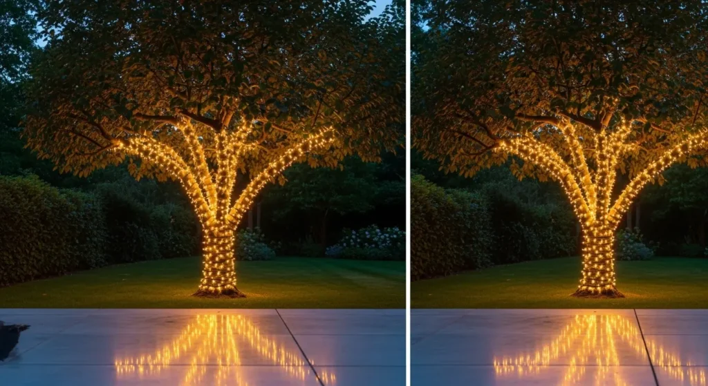 Tree wrapped string lights garden