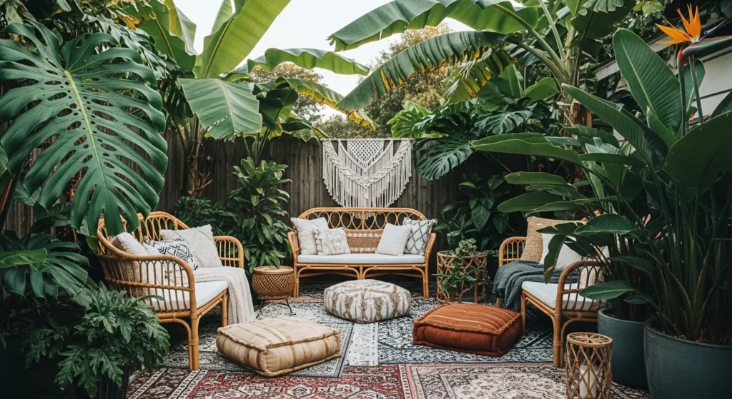 Tropical boho patio abundant green