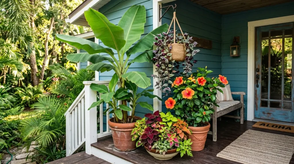 Tropical planter cluster on porch
