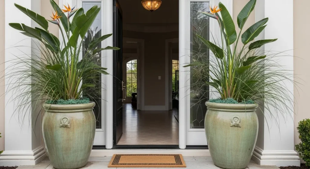 Tropical planters flanking