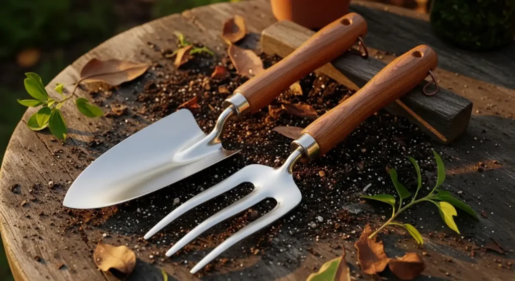 Trowel fork set on bench