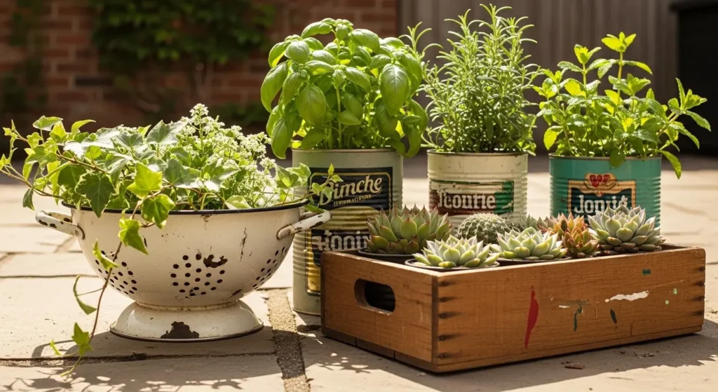 Upcycled planters on back patio