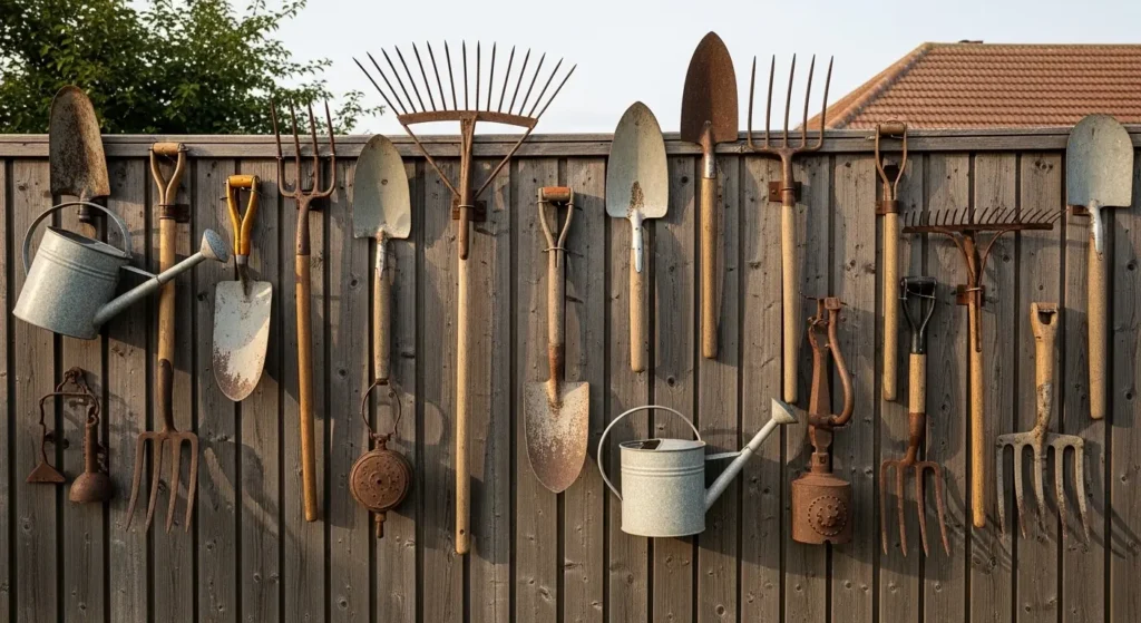 Vintage garden tools on fence