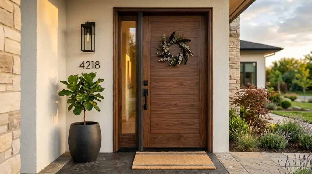 Walnut slab front door decor