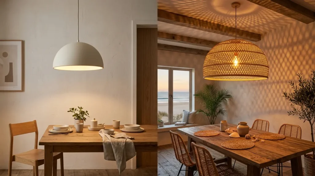 Warm minimalism vs coastal lighting