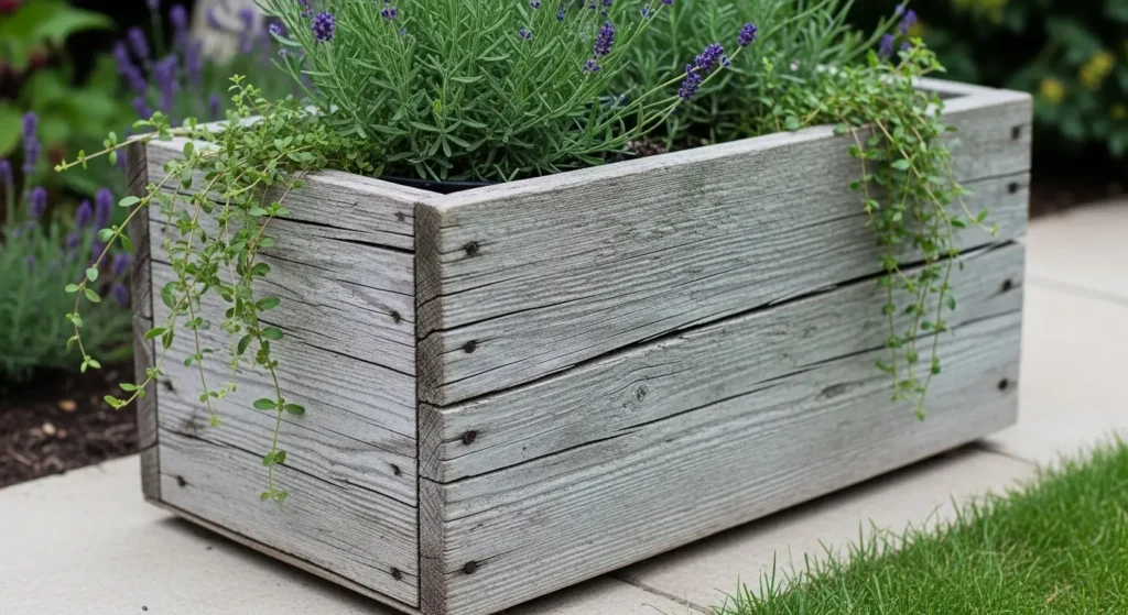 Weathered wooden box planter garden