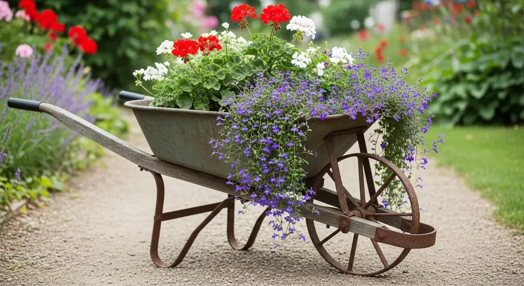 Wheelbarrow planter overflowing