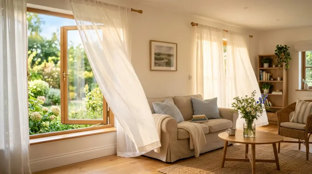 White curtains in summer living