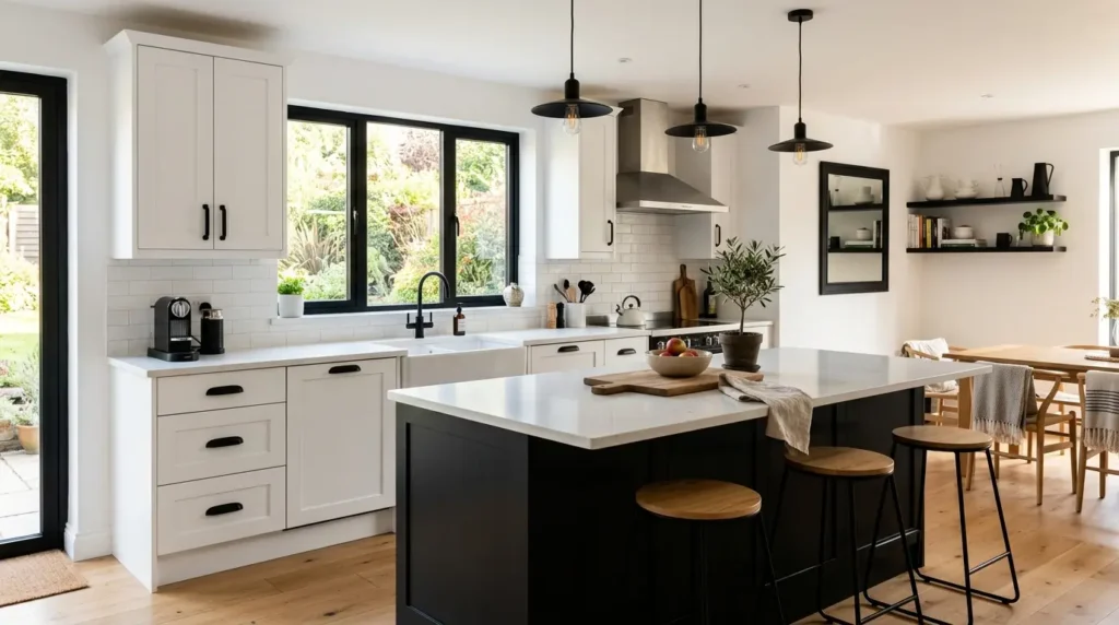White kitchen black accents