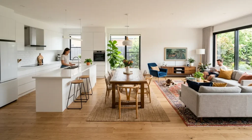 White kitchen open plan living