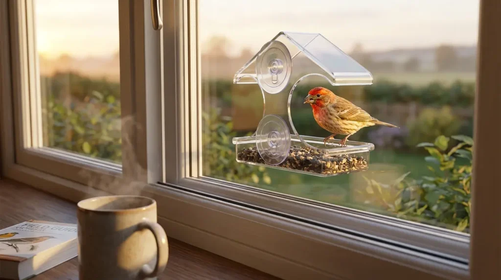 Window mounted bird feeder close