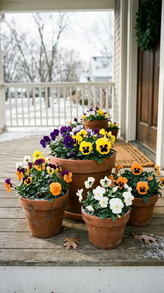 Winter pansies in terracotta pots