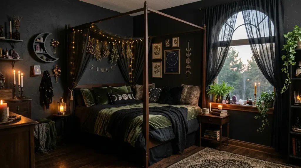Witchy bedroom dark walls decor