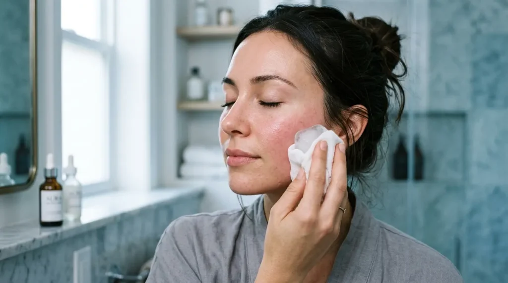 Woman pressing ice cube cheek