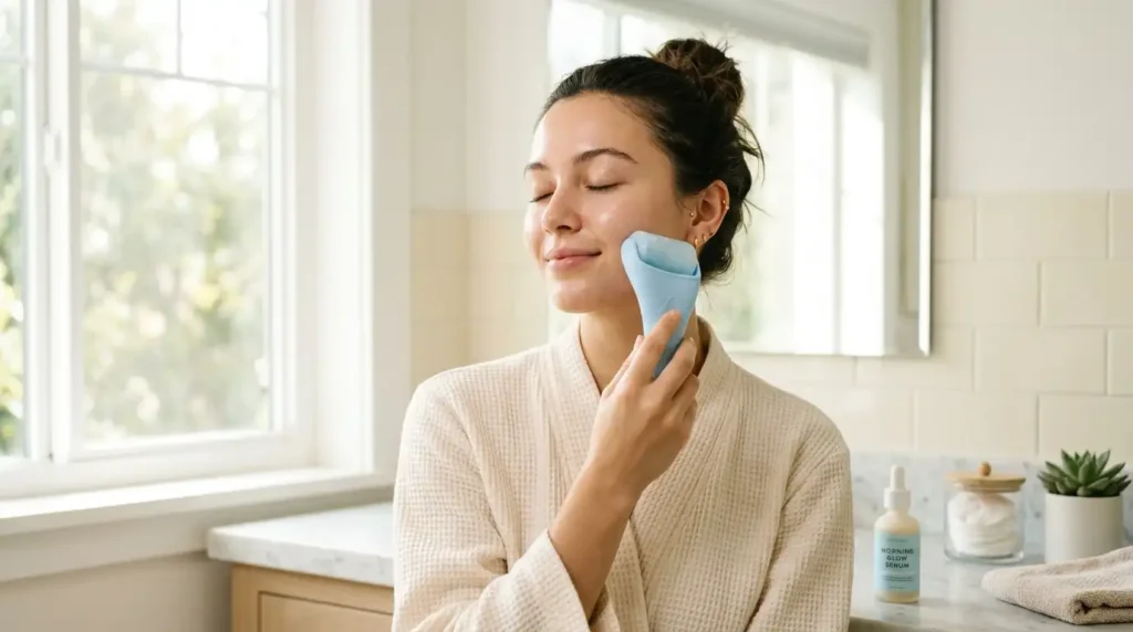 Woman rolling ice on cheek