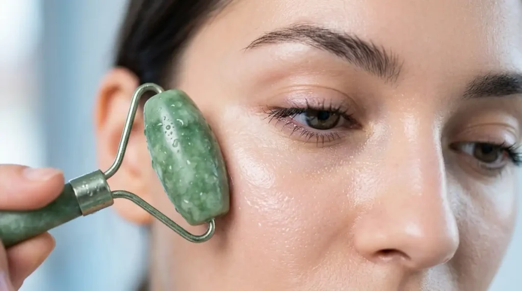 Woman's eye with ice roller