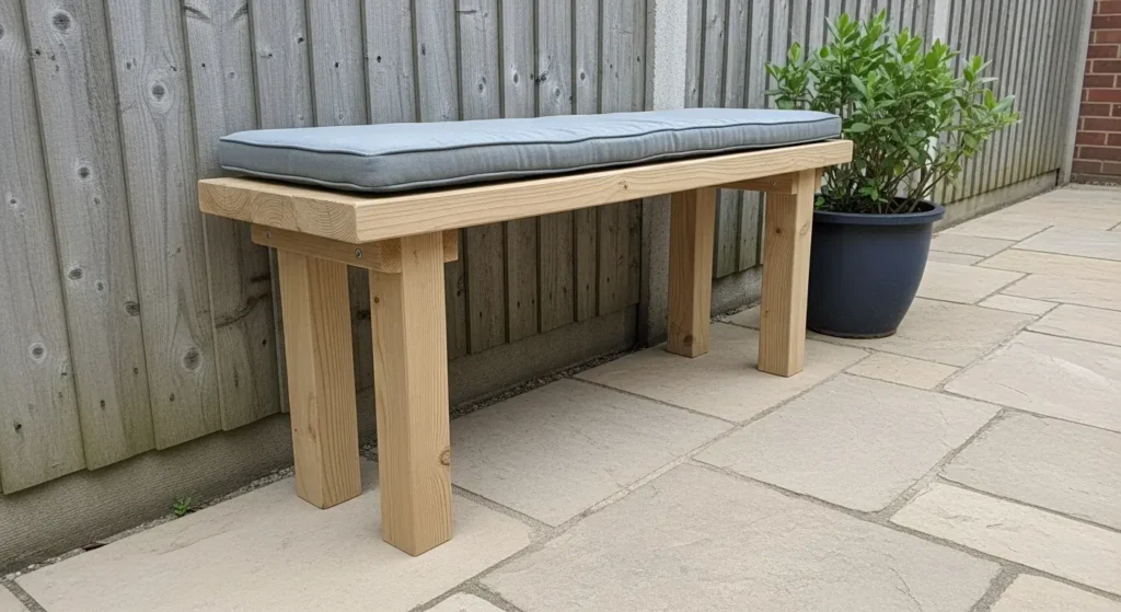 Wooden bench on back patio