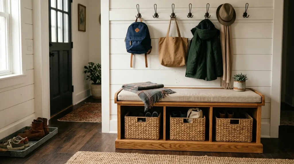 Wooden mudroom bench with baskets