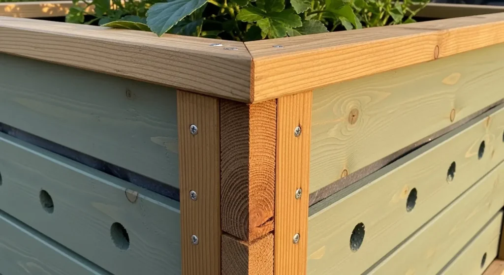 Wooden planter box with planting