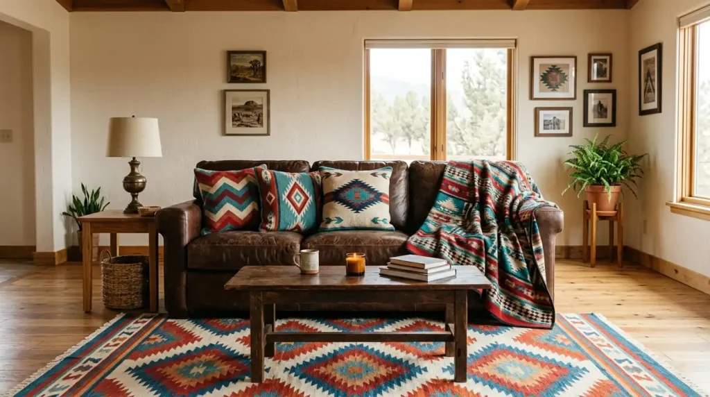 Woven textiles on leather sofa