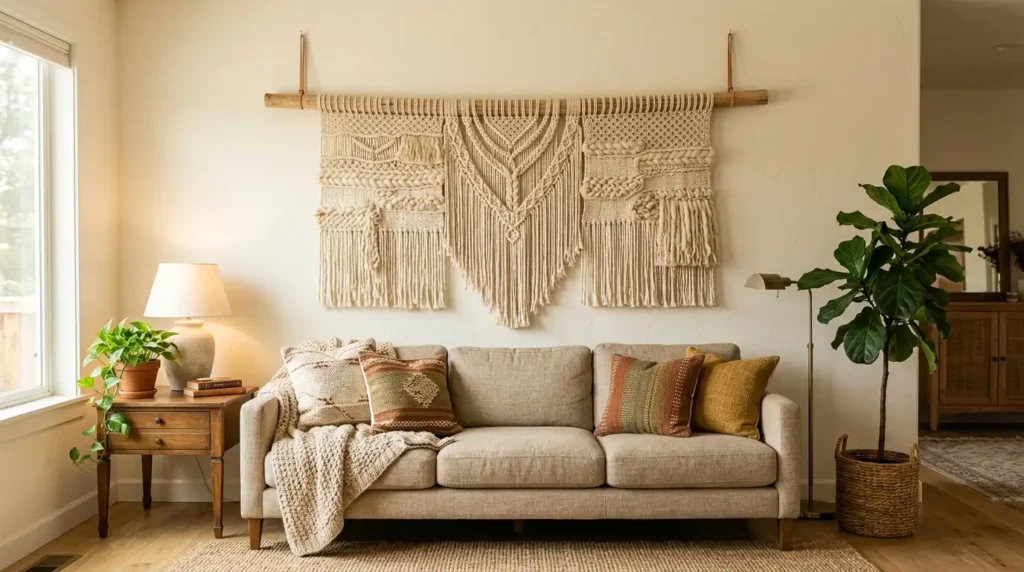 Woven wall hanging above sofa