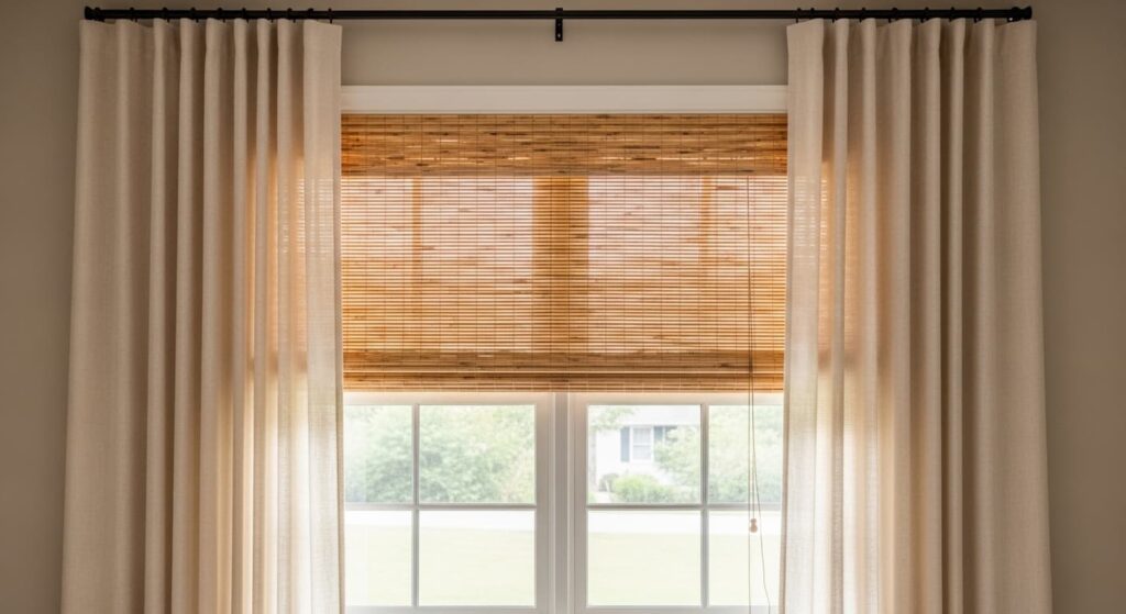 Woven wood shades linen drapes