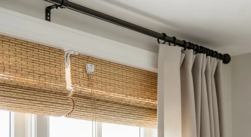 Woven wood shades linen drapes